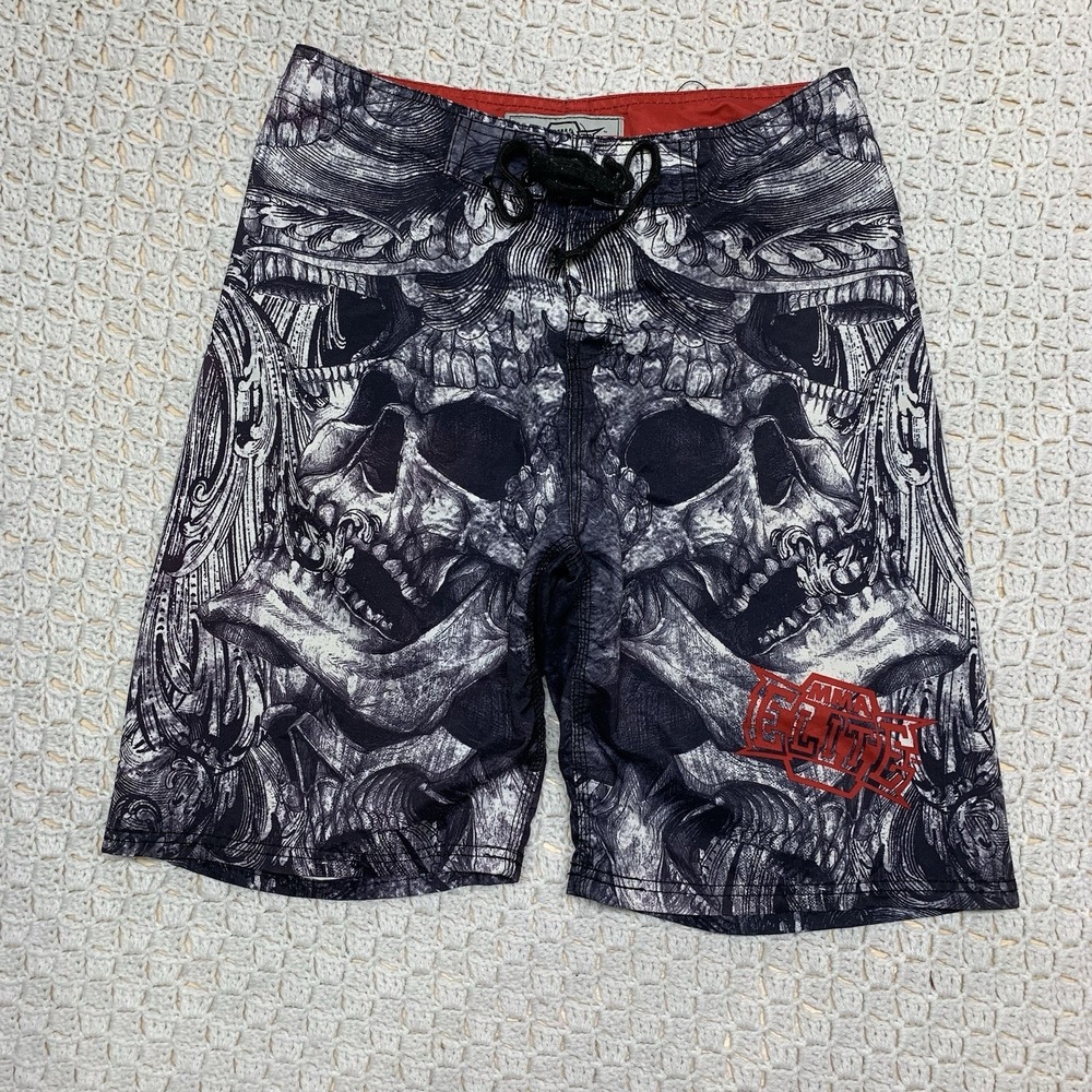 MMA Elite Shorts Mens Sz M 32x10 Black Gray  Skulls Board Swim Trunks Wrestle‎